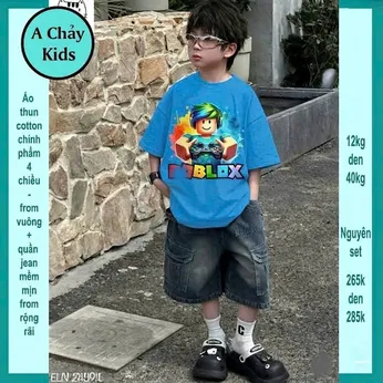 Set bộ jean bé trai (Áo thun cotton + Quần jean ) in hình Roblox phong cách cá tính cho bé đi chơi , du lịch