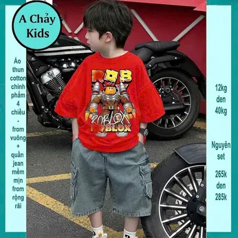 Set bộ jean bé trai ( Áo thun cotton + quần jean) in Roblox mang phong cách thời trang cá tính cho bé đi chơi, đi học