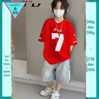 Set bộ jean bé trai ( áo vải thun cotton - quần jean co giãn ) in số 7 phong cách hàn quốc cá tính cho bé đi chơi , đi học