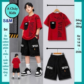 Set bộ kaki bé trai ( Áo thun cotton + quần kaki ) in chữ phong cách hàn quốc cá tính cho bé đi du lịch