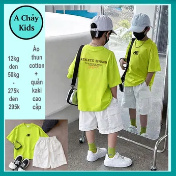 Set bộ kaki bé trai ( Áo thun cotton + quần kaki ) in chữ phong cách cá tính cực sang cho bé diện đi chơi , du lịch