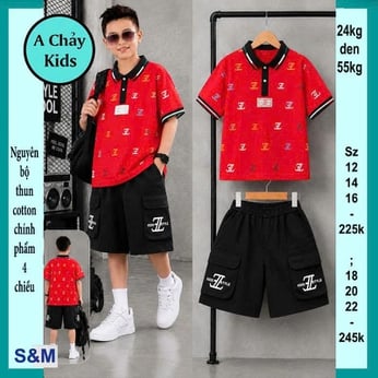 Set đồ bộ bé trai có cổ in chữ phong cách cá tính cực sang cho bé diện phố, du lịch