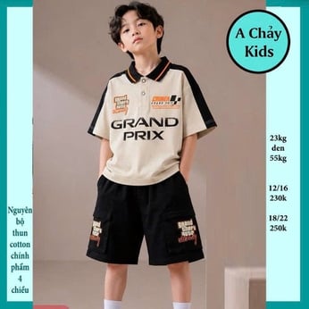 Set đồ bộ bé trai có cổ in chữ GRAND PRIX phong cách cá tính cho bé đi chơi , đi học