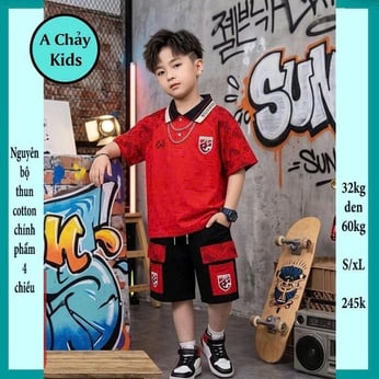Set đồ bộ bé trai có cổ in chữ phối màu loang phong cách cá tính cho bé đi chơi , du lịch