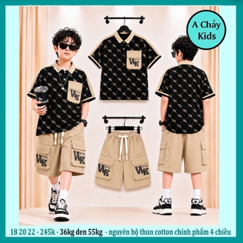 Set đồ bộ bé trai có cổ in chữ full chữ phong cách cá tính cho bé đi chơi , du lịch