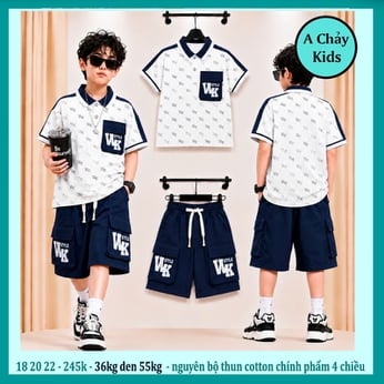 Set đồ bộ bé trai có cổ in chữ full chữ phong cách cá tính cho bé đi chơi , du lịch