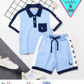 Set đồ bộ bé trai cổ trụ tay ngắn phối túi phong cách đơn giản cho bé đi chơi , đi học