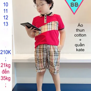 Set đồ bộ bé trai cổ trụ tay ngắn in họa tiết caro phong cách cá tính cho bé đi chơi , đi học ( Quần kate - không co giãn )