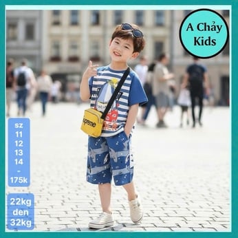 Đồ Bộ bé trai dễ thương in hình cá mập phối sọc siêu đáng yêu cho bé đi học , đi chơi