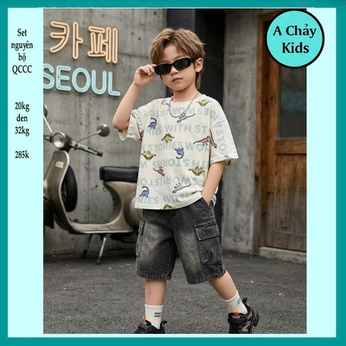 Set bộ jean bé trai (Áo thun cotton + Quần jean cotton ) in hình Khủng Long siêu đáng cho bé diện đi chơi , du lịch