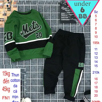 Đồ bộ tay dài quần dài in chữ Mets 20 phong cách cá tính cho bé đi chơi , đi học ( xanh rêu 09 )
