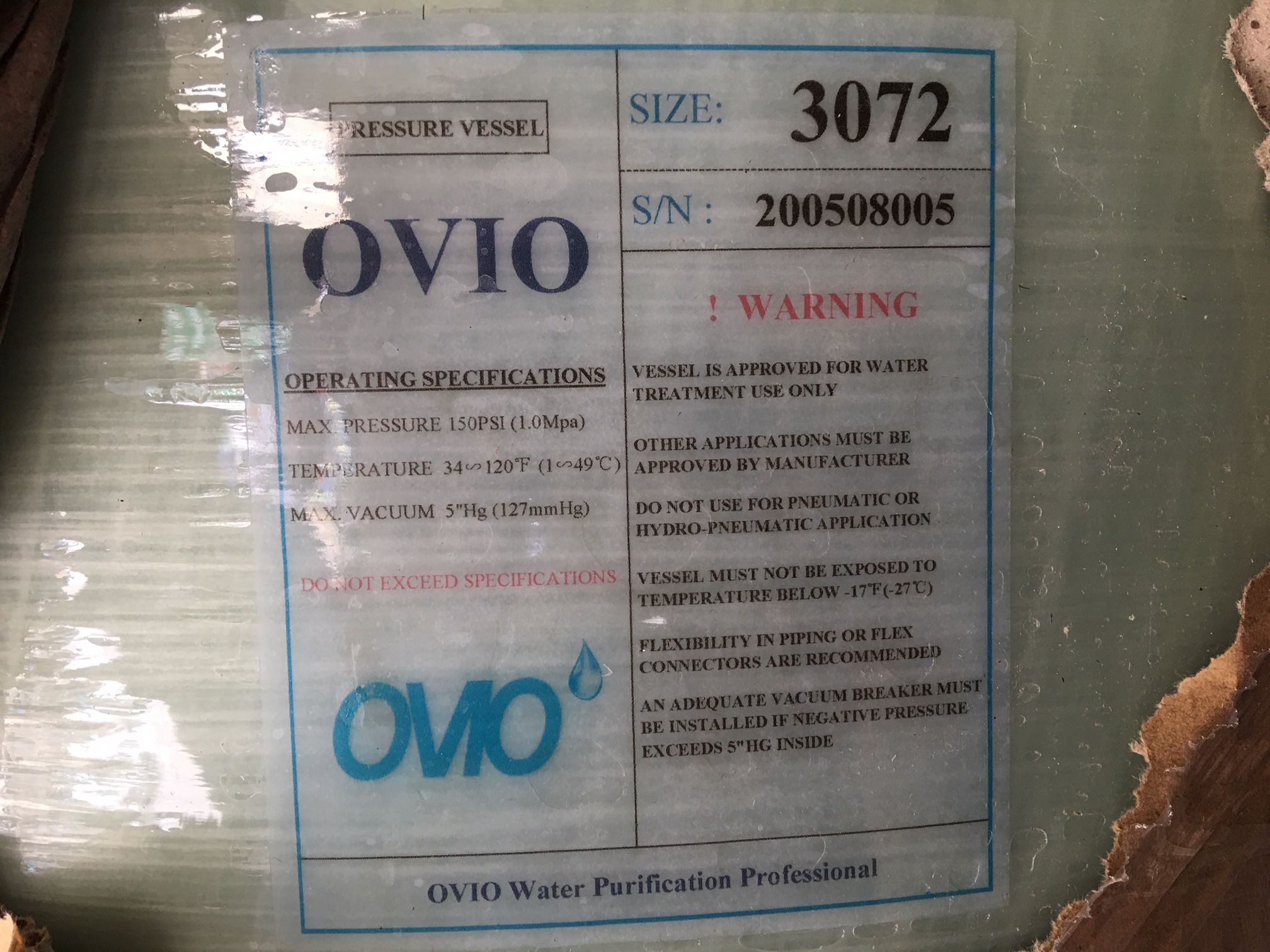 thông tin chi tiết xuất xứ Bồn Composite FRP lọc nước sạch Ovio 3072