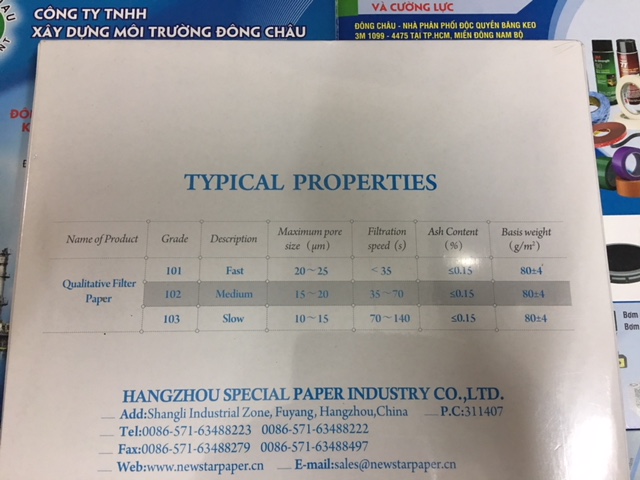Thông số kỹ thuật giấy lọc phòng thí nghiệm Newstar 101, 102, 103mm