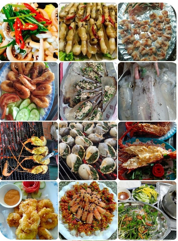 Món ăn tiêu biểu: tôm biển nướng, sò bàn tay chấm muối ớt, mực hấp, lẩu các loại...