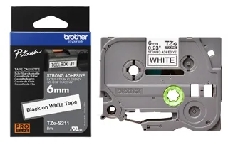 Nhãn in Brother TZe-S211 6mm siêu dính, nền trắng chữ đen Nhãn in Brother TZe-S211 6mm siêu dính, nền trắng chữ đen