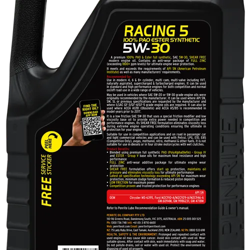 NHỚT PENRITE 10 TENTHS RACING 5 5W30 (100% PAO & ESTER) - 5L