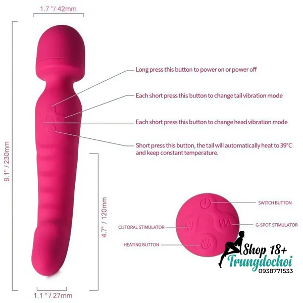 Chày Rung 2 Đầu Tỏa Nhiệt 39.5°C: Silicone Mềm Dẻo Linh Hoạt Kích Thích Điểm G & Âm Vật