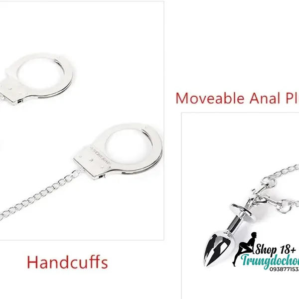 Bộ Còng Tay Kèm Plug Hậu Môn Kim Loại - Đính Đá Sang Trọng, Dây Xích Tháo Rời