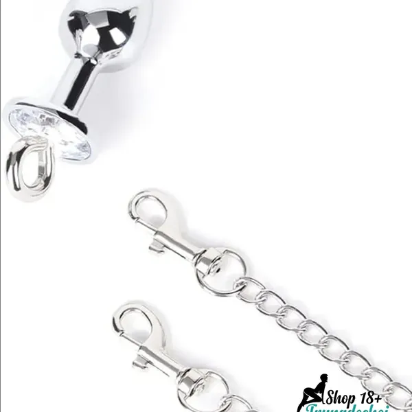 Bộ Còng Tay Kèm Plug Hậu Môn Kim Loại - Đính Đá Sang Trọng, Dây Xích Tháo Rời