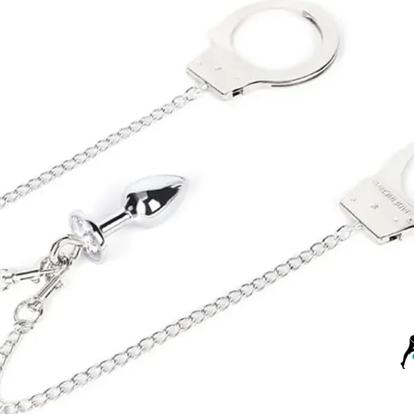 Bộ Còng Tay Kèm Plug Hậu Môn Kim Loại - Đính Đá Sang Trọng, Dây Xích Tháo Rời