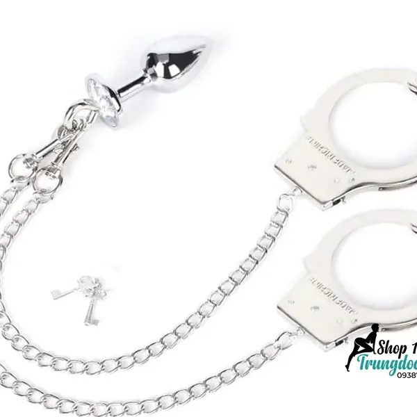 Bộ Còng Tay Kèm Plug Hậu Môn Kim Loại - Đính Đá Sang Trọng, Dây Xích Tháo Rời