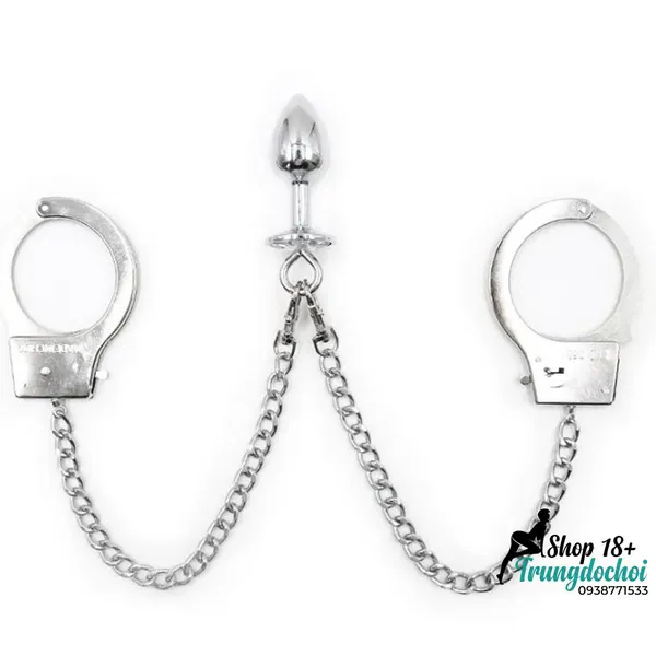 Bộ Còng Tay Kèm Plug Hậu Môn Kim Loại - Đính Đá Sang Trọng, Dây Xích Tháo Rời