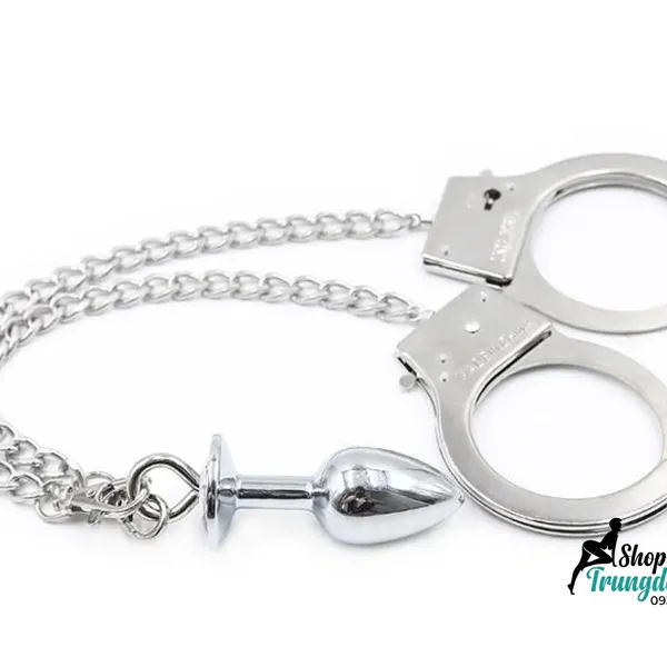 Bộ Còng Tay Kèm Plug Hậu Môn Kim Loại - Đính Đá Sang Trọng, Dây Xích Tháo Rời
