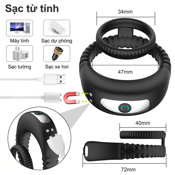 Vòng Đeo Dương Vật Kép Silicone Co Giãn 10 Chế Độ Rung