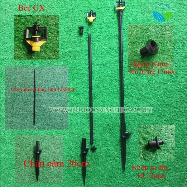 BỘ BÉC TƯỚI GX GẮN CÂY CẮM SỢI THỦY TINH 12MM CAO 70CM GẮN DÂY 10MM