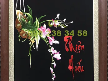 TRANH THÊU HOA LAN CHỮ THIỆN HIẾU