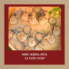 MÓC KHÓA DỪA 12 CON GIÁP SIÊU CUTE  - NHẬN KHẮC MẶT SAU THEO YÊU CẦU