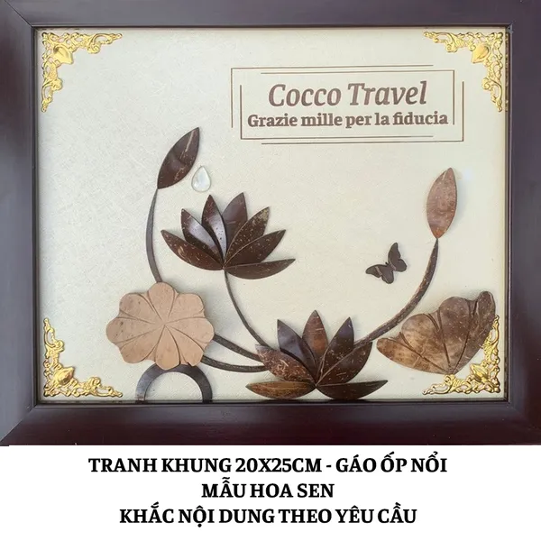 TRANH DỪA KHUNG 20X25CM - HOA SEN, KHẮC NỘI DUNG THEO YÊU CẦU