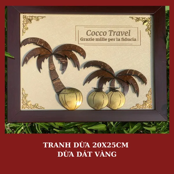 TRANH DỪA KHUNG 20X25CM - DỪA DÁT VÀNG, KHẮC NỘI DUNG THEO YÊU CẦU