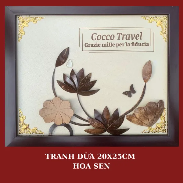 TRANH DỪA KHUNG 20X25CM - HOA SEN, KHẮC NỘI DUNG THEO YÊU CẦU