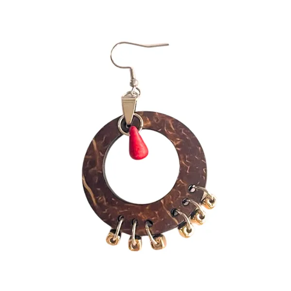 Bông Tai Dừa Tròn Phối Hạt Kèm Đá Turquoise Đỏ