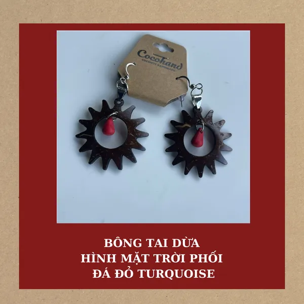 BÔNG TAI DỪA HÌNH MẶT TRỜI PHỐI ĐÁ ĐỎ TURQUOISE