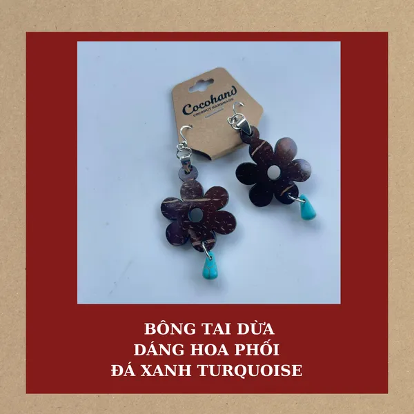 BÔNG TAI DỪA DÁNG HOA PHỐI ĐÁ XANH TURQUOISE 