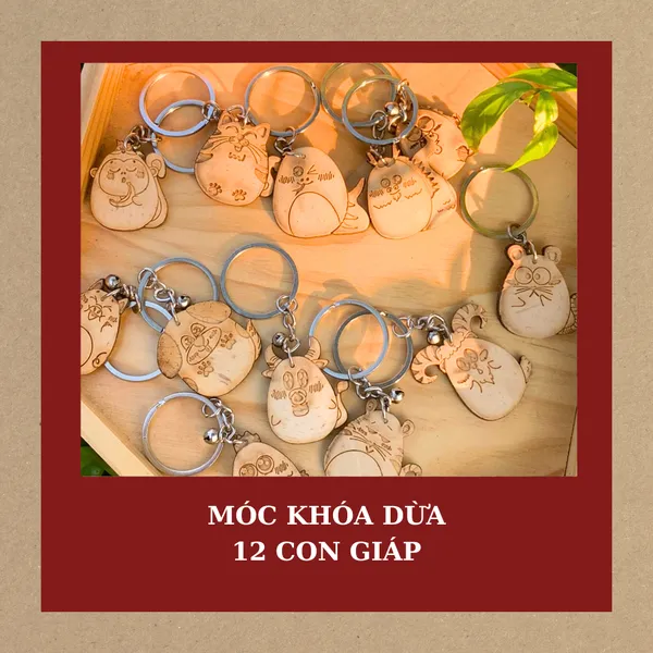 MÓC KHÓA DỪA 12 CON GIÁP SIÊU CUTE  - NHẬN KHẮC MẶT SAU THEO YÊU CẦU