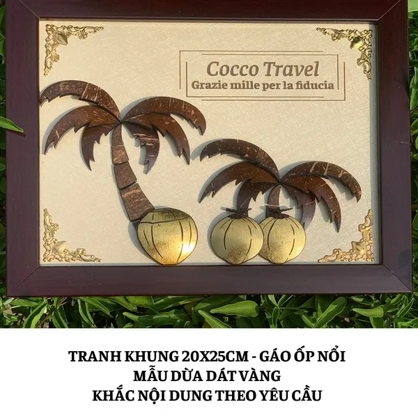 TRANH DỪA KHUNG 20X25CM - DỪA DÁT VÀNG, KHẮC NỘI DUNG THEO YÊU CẦU
