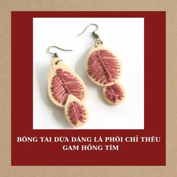 BÔNG TAI DỪA DÁNG LÁ PHỐI CHỈ THÊU, 4 màu tùy chọn