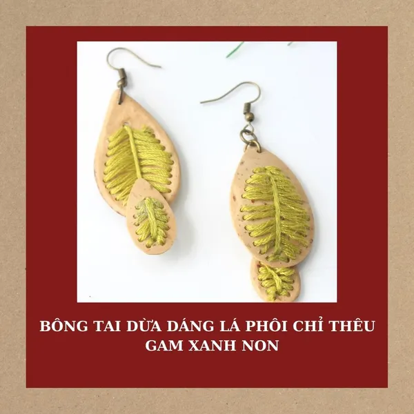 BÔNG TAI DỪA DÁNG LÁ PHỐI CHỈ THÊU, 4 màu tùy chọn