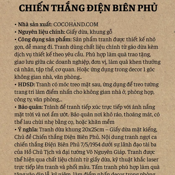 TRANH DỪA MẶT KIẾNG KHUNG 20X25CM - CHIẾN THẮNG ĐIỆN BIÊN PHỦ