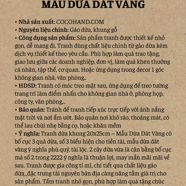 TRANH DỪA KHUNG 20X25CM - DỪA DÁT VÀNG, KHẮC NỘI DUNG THEO YÊU CẦU