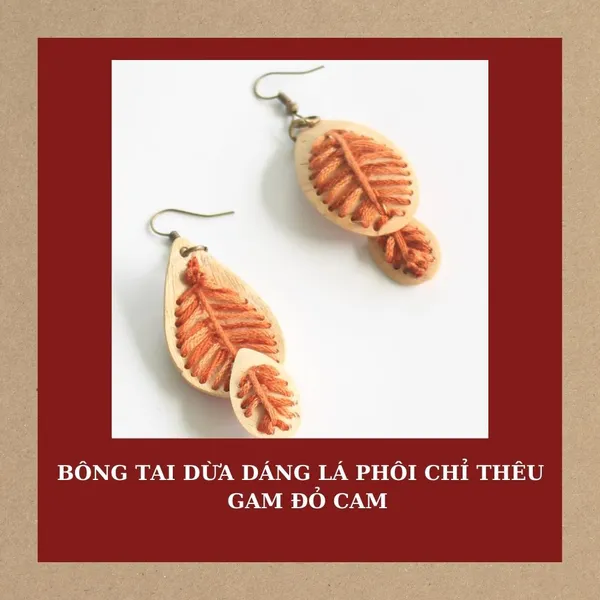 BÔNG TAI DỪA DÁNG LÁ PHỐI CHỈ THÊU, 4 màu tùy chọn