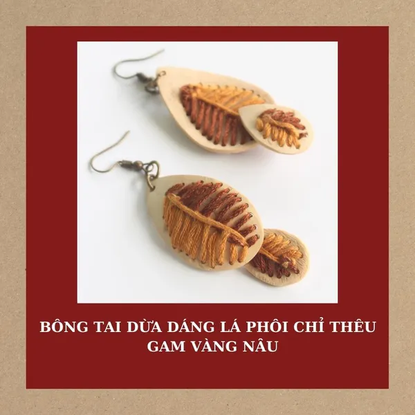 BÔNG TAI DỪA DÁNG LÁ PHỐI CHỈ THÊU, 4 màu tùy chọn