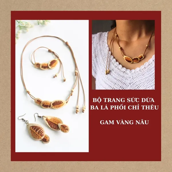 BỘ TRANG SỨC DỪA BA LÁ PHỐI CHỈ THÊU, COMPO 3 MÓN, 4 màu tùy chọn 