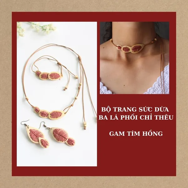 BỘ TRANG SỨC DỪA BA LÁ PHỐI CHỈ THÊU, COMPO 3 MÓN, 4 màu tùy chọn 