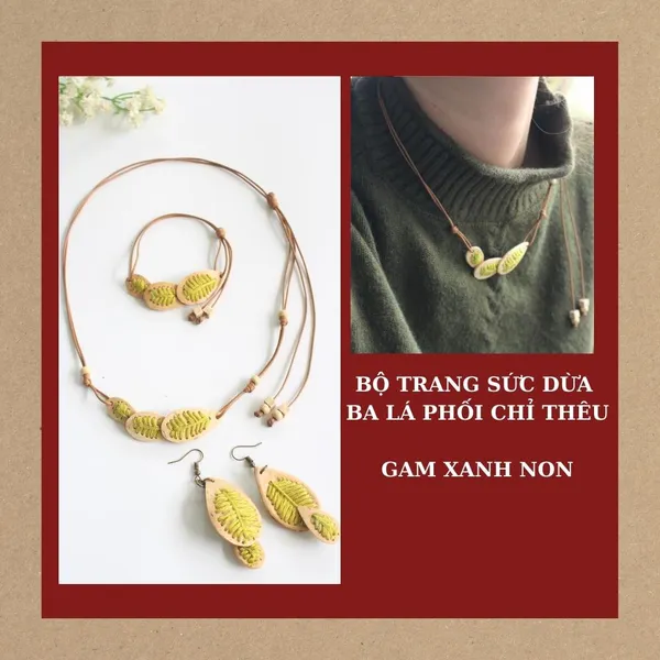 BỘ TRANG SỨC DỪA BA LÁ PHỐI CHỈ THÊU, COMPO 3 MÓN, 4 màu tùy chọn 
