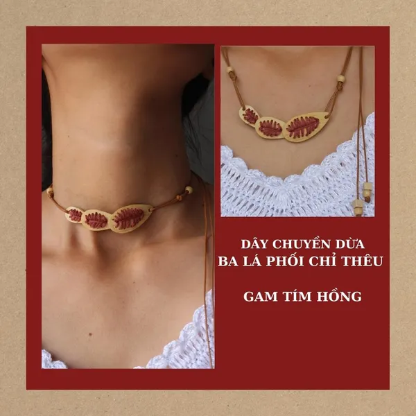 DÂY CHUYỀN DỪA BA LÁ PHỐI CHỈ THÊU, 4 màu tùy chọn