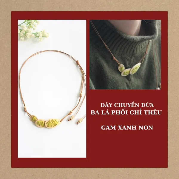 DÂY CHUYỀN DỪA BA LÁ PHỐI CHỈ THÊU, 4 màu tùy chọn
